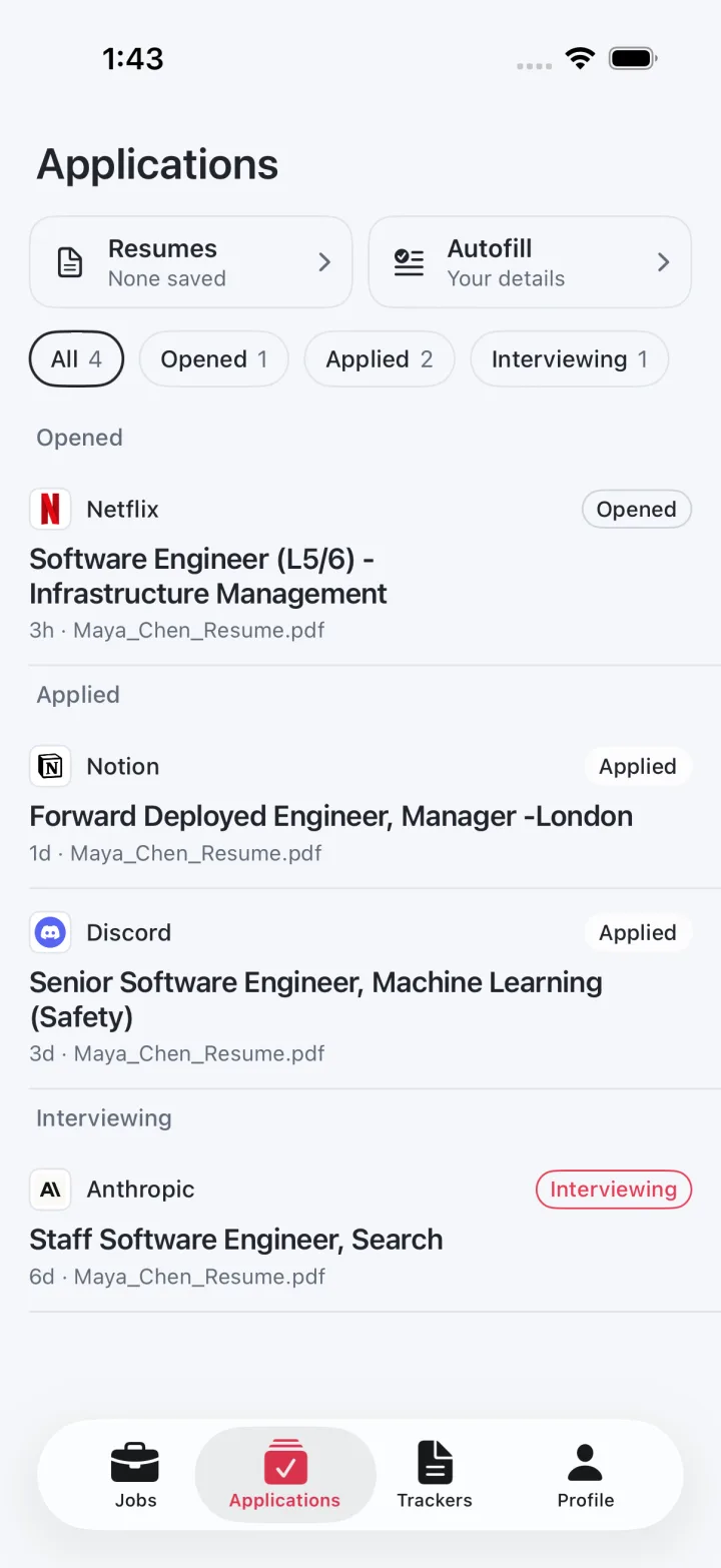 Emploive on iPhone: the Applications tab grouped by opened, applied, and interviewing