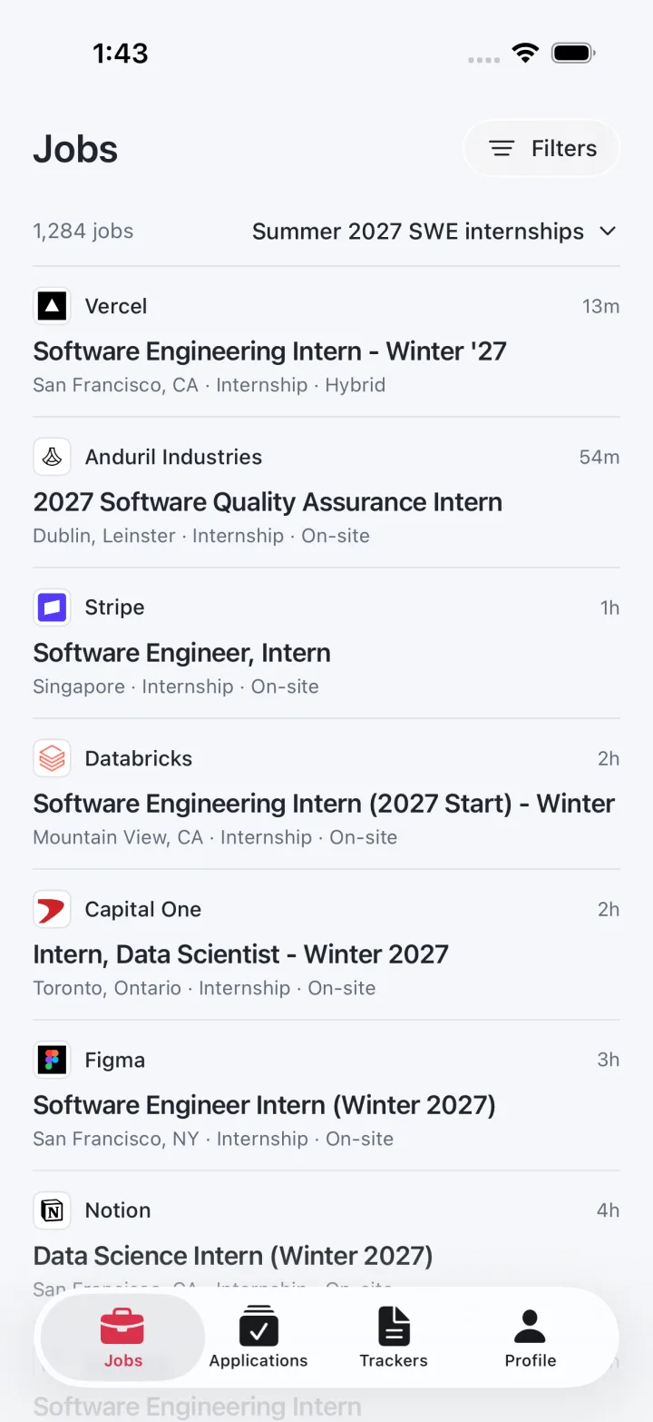 Emploive on iPhone: the Jobs tab listing new Summer 2027 internships