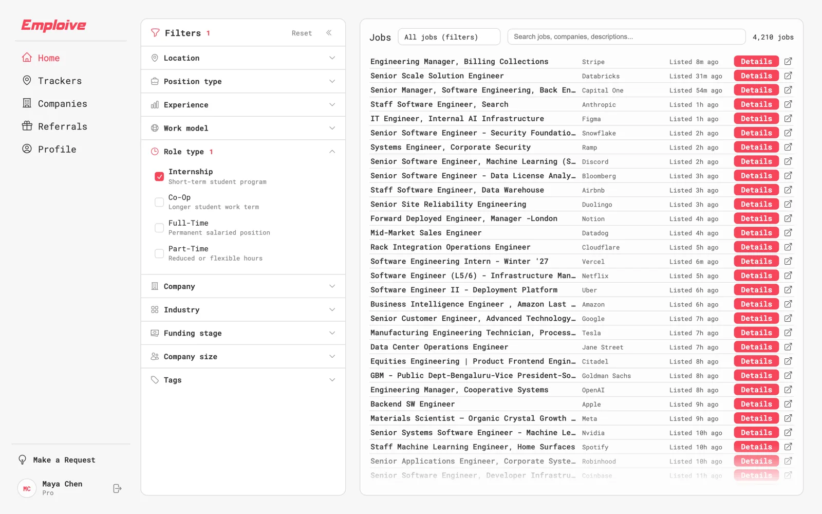 Emploive on the web: the job list with the Role type filter open and Internship checked