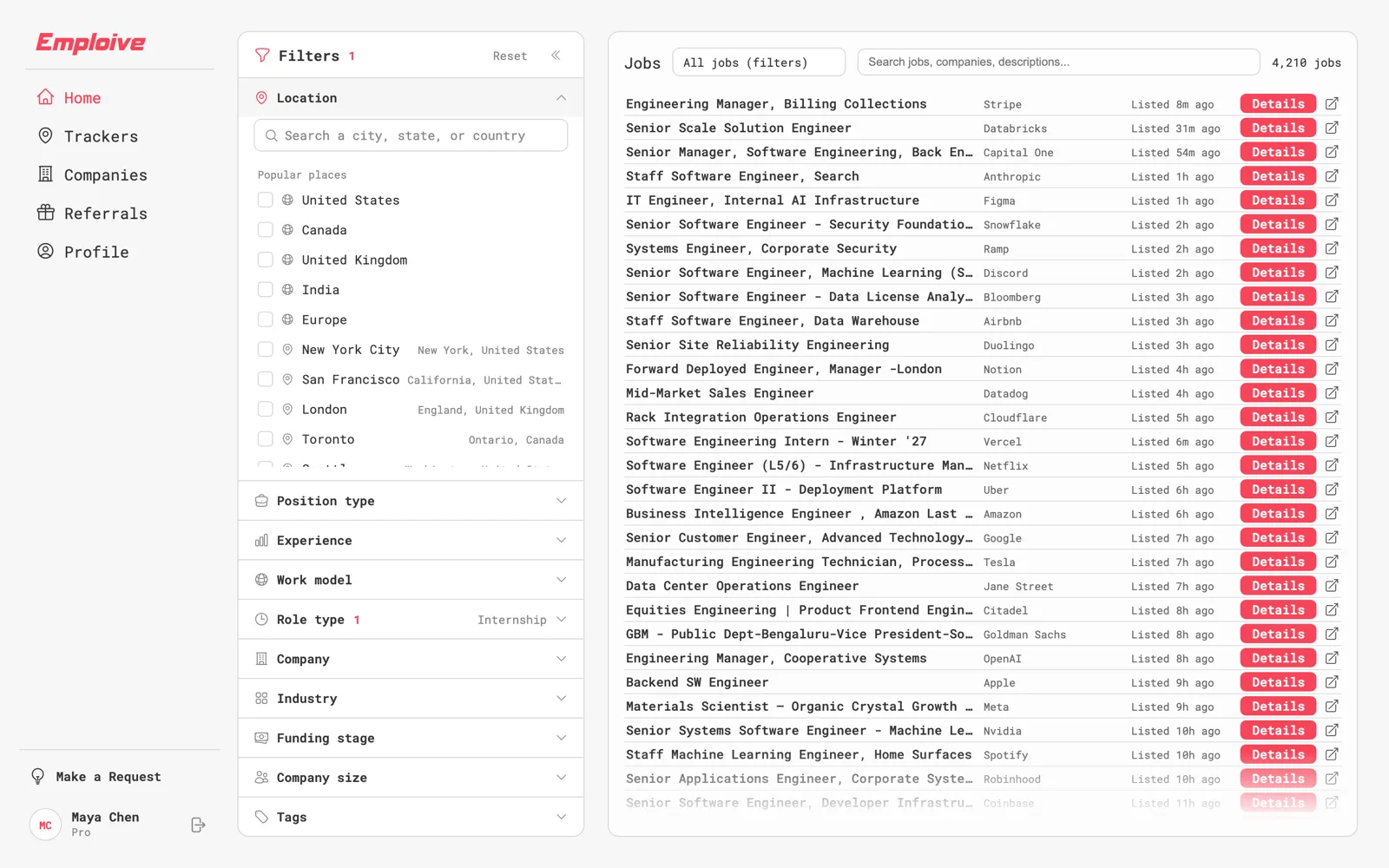 Emploive on the web: the job list with the Location filter open
