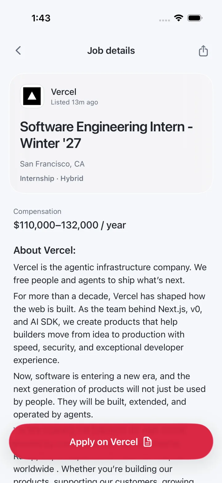 A job detail screen in the Emploive iPhone app with compensation, location, and role type