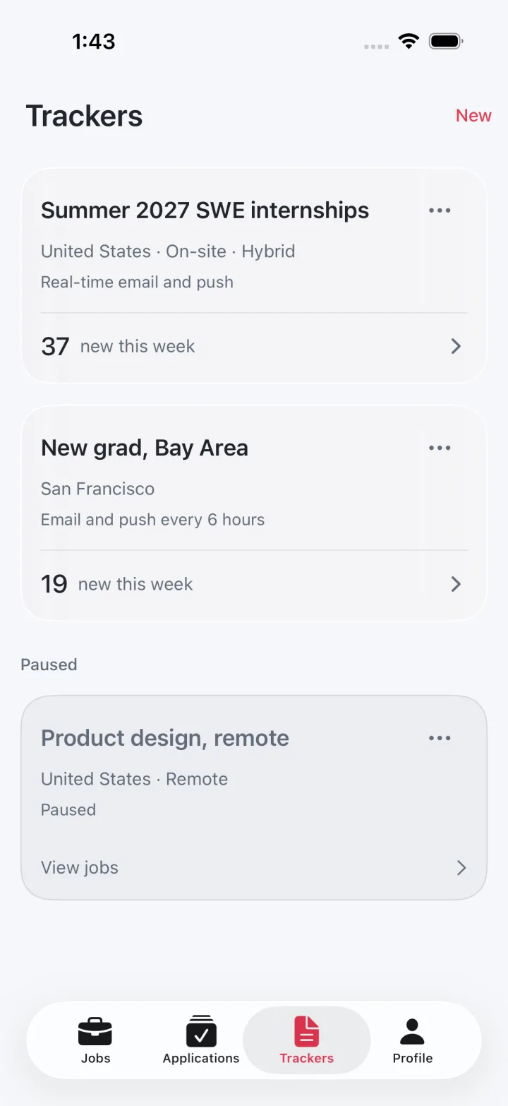 Job trackers in the Emploive iPhone app, each with its filters and delivery schedule